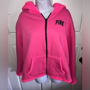 Victoria’s Secret PINK Neon Pink Cozy Sherpa Zip-up Hooded Sweater Size Large